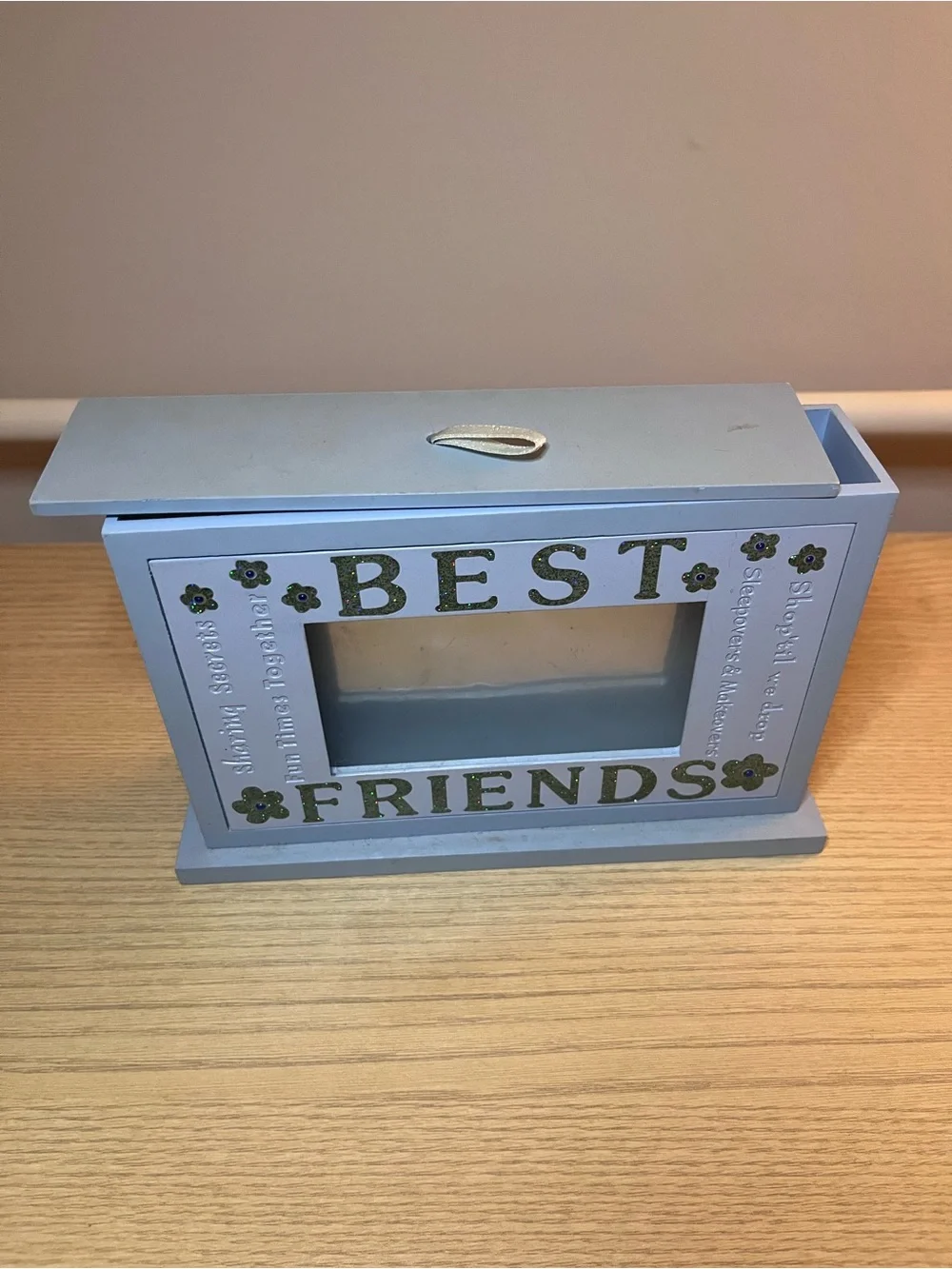 Vintage Wooden Best Friends Photo Box Flip Album Memory Storage Blue Y2K